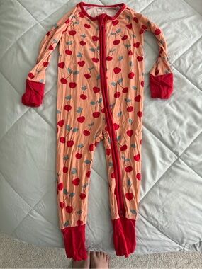 Little Sleepies Peach Cherry Print Footed Pajamas with Red Trim